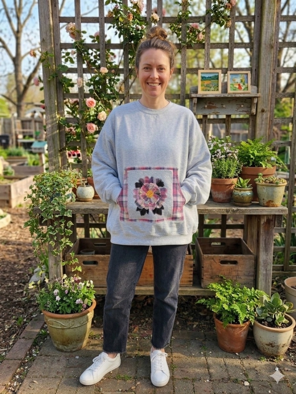 OOAK GUNS&ROSES PATCHWORK PLAID QUILT FLOWER POCKET HANDMADE CREWNECK SWEATSHIRT
